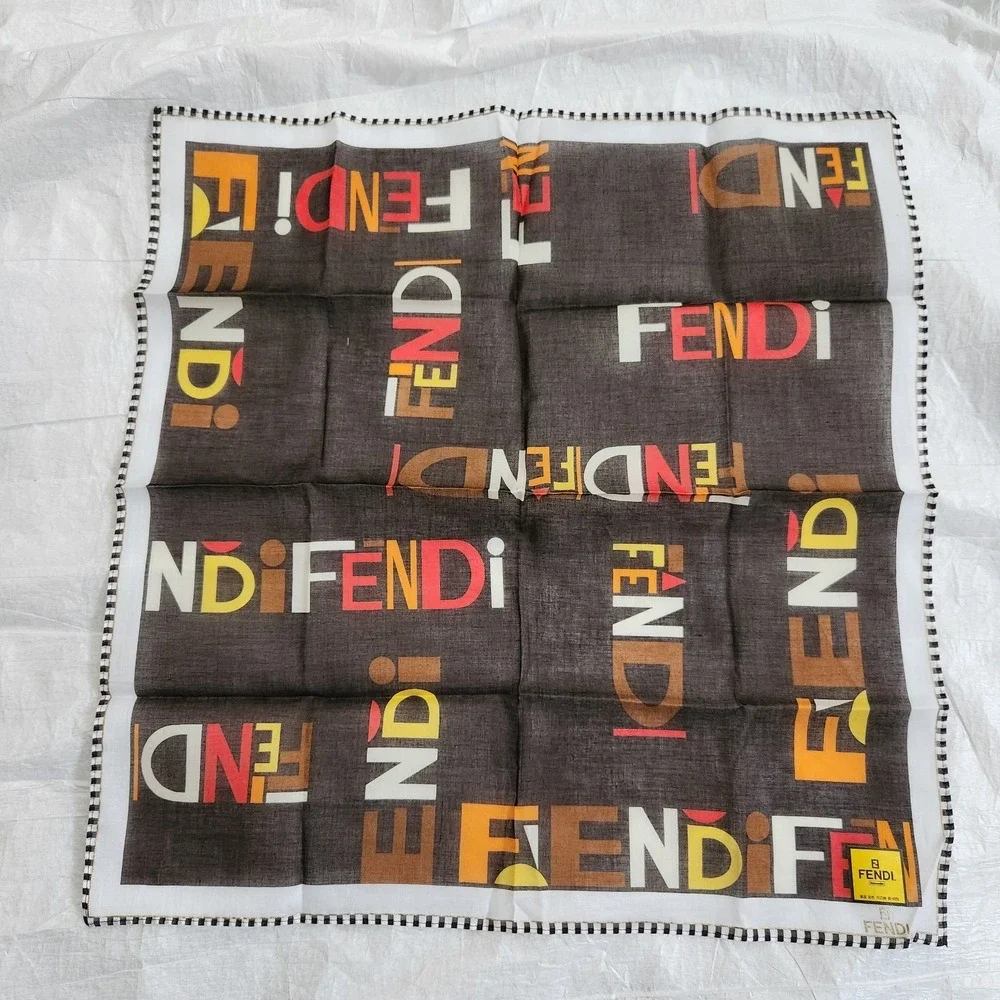 Vintage FENDI Zucca Logo Cotton Handkerchief Pocket Square Brown Orange Red 18